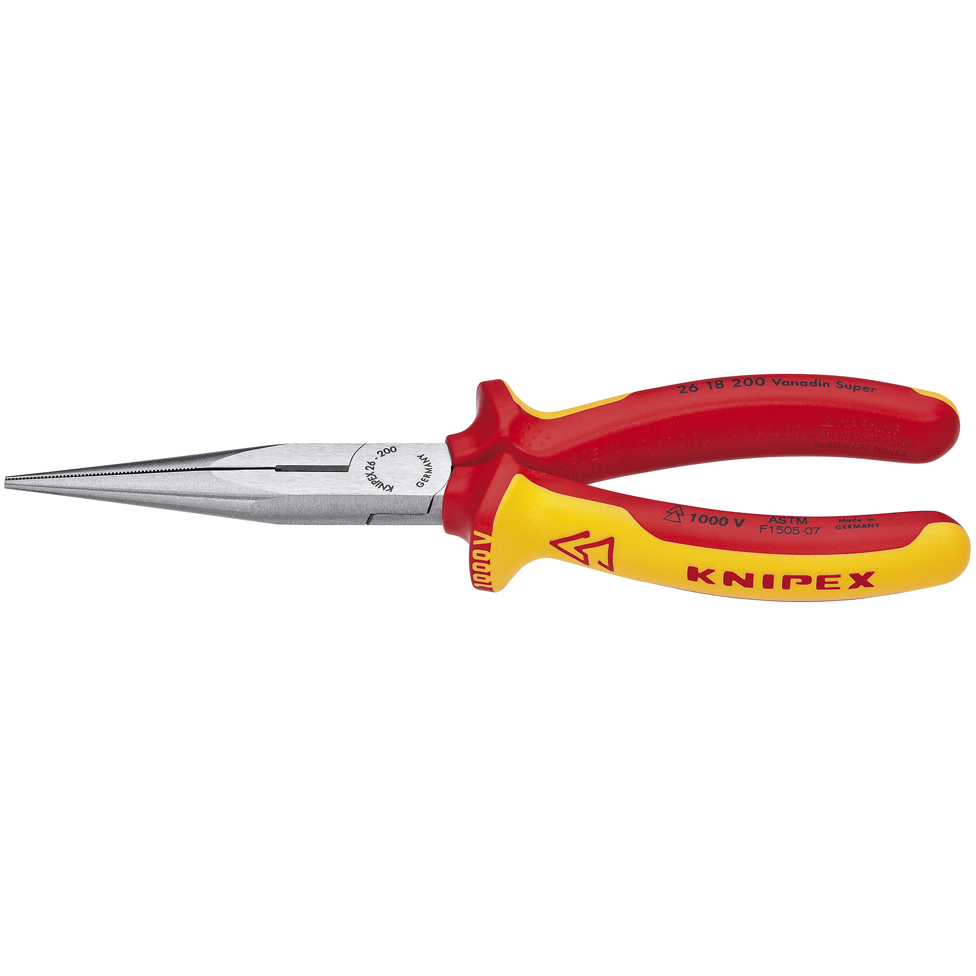 KNIPEX Long Nose Pliers with Cutter - 8in., Comfort Grip, 1000V, Vanadium Steel, 0.094in. Jaw Capacity, Model# 26 18 200 US